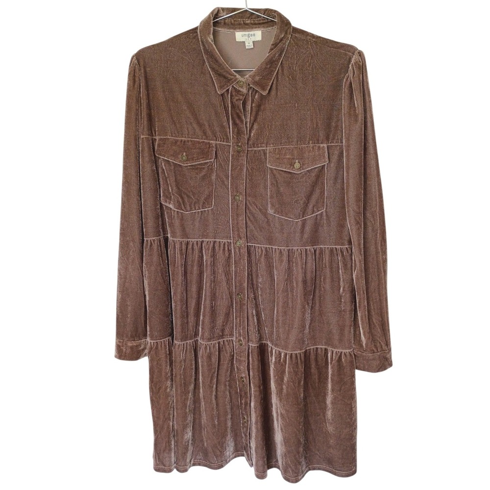 Umgee USA Brown Velvet Tiered Shirt Dress Long Sleeve Button Up A6674 Womens M